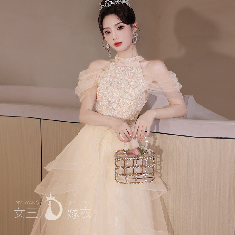 이브닝 드레스 연주회 브라이덜샤워 파티룩 홀터넥 하이엔드 라이트 럭셔리 아름다 웨딩 촬영 - 상세 이미지 4