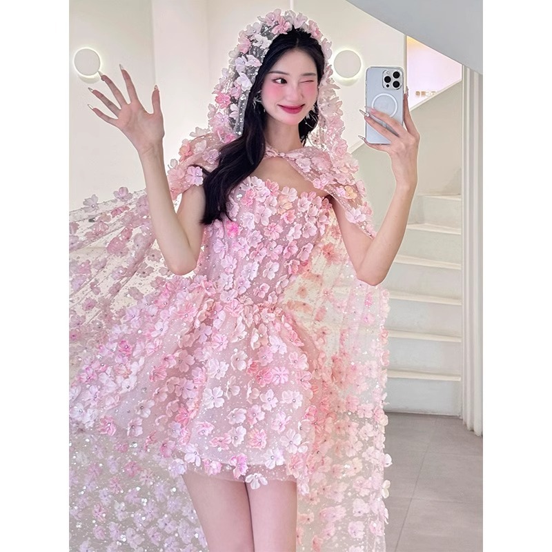연주회 드레스 이브닝 브라이덜샤워 파티룩 핑크 약혼 여성 업 의 날 성인 행사 웨딩 촬영 - 상세 이미지 2