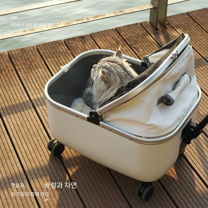고급형 고양이 캐리어 바퀴 가방 반려견 반려묘 투명 클리어 트롤리 케이스 여행용 산책용 크림(고양이15kg 이하강아지7.5kg 이하) - 상세 이미지 3