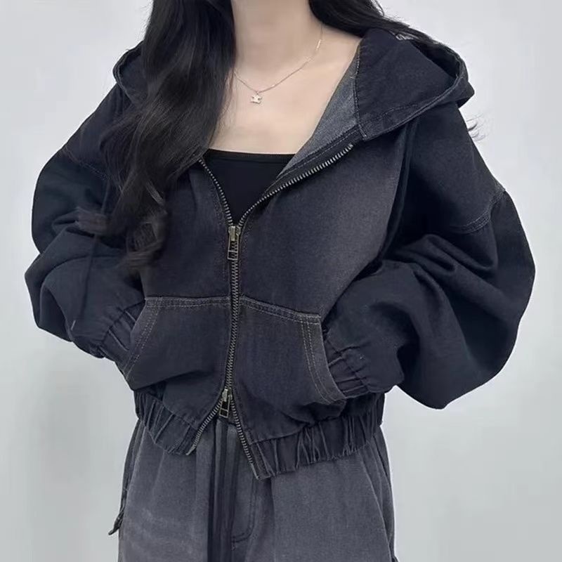 더블 지퍼 루즈핏 캐주얼 후드 숏데님 점퍼 블루 S - 상세 이미지 2