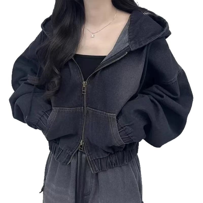 더블 지퍼 루즈핏 캐주얼 후드 숏데님 점퍼 블루 S - 상세 이미지 4