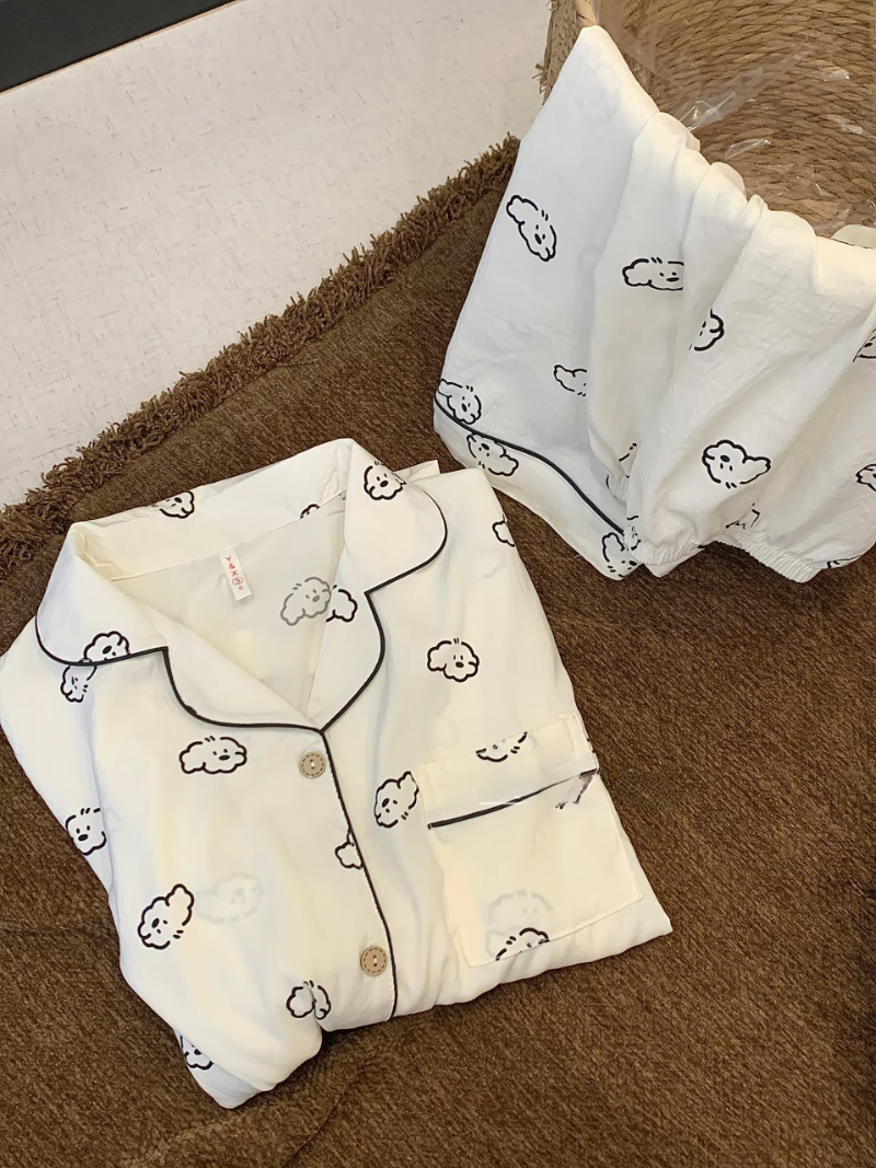 🐶주문폭주/반팔버전추가🐶 구름댕댕이 지지미면 사계절 긴팔 반팔 커플 수면잠옷 파자마 홈웨어 세트 (2type) 상세 이미지 15