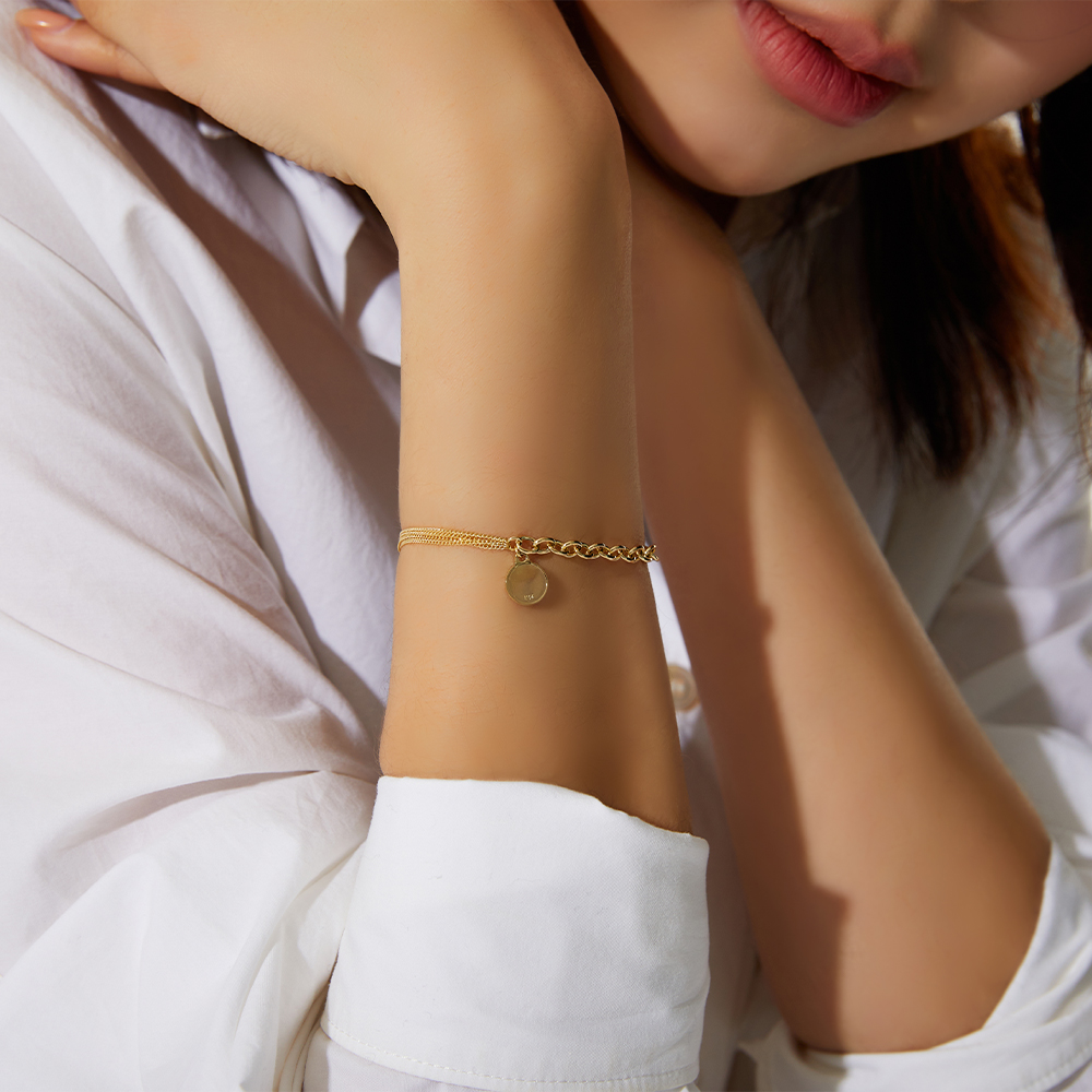 14K 할로우 하프 오벌 코인 체인 금 팔찌 이미지 7