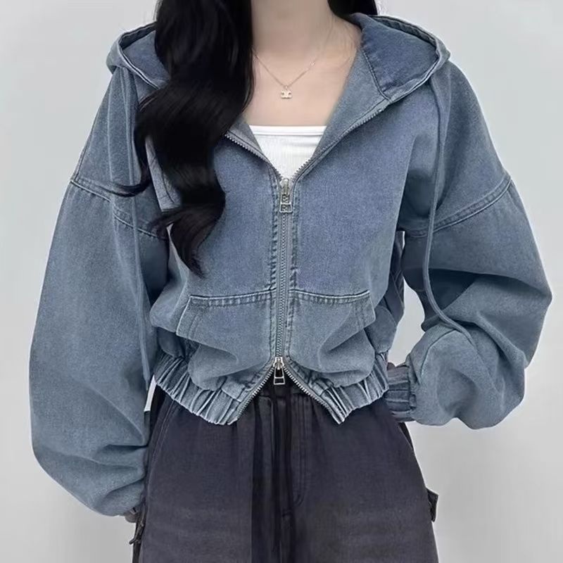 더블 지퍼 루즈핏 캐주얼 후드 숏데님 점퍼 블루 S - 상품 이미지