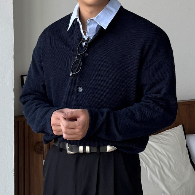 남자 르테 오버핏 봄 가을 간절기 크롭 라운드 가디건 - 상세 이미지 5