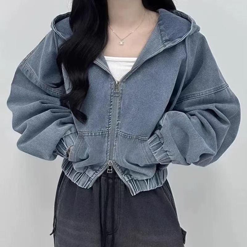 더블 지퍼 루즈핏 캐주얼 후드 숏데님 점퍼 블루 S 이미지 7
