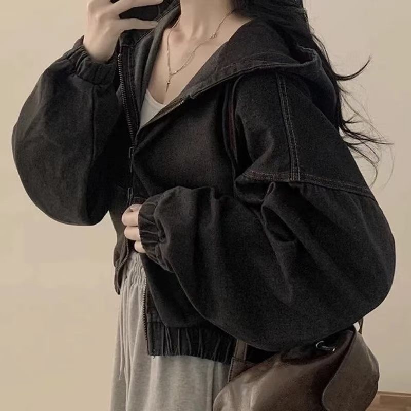 더블 지퍼 루즈핏 캐주얼 후드 숏데님 점퍼 블루 S 이미지 6