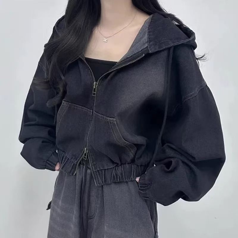 더블 지퍼 루즈핏 캐주얼 후드 숏데님 점퍼 블루 S - 상세 이미지 3