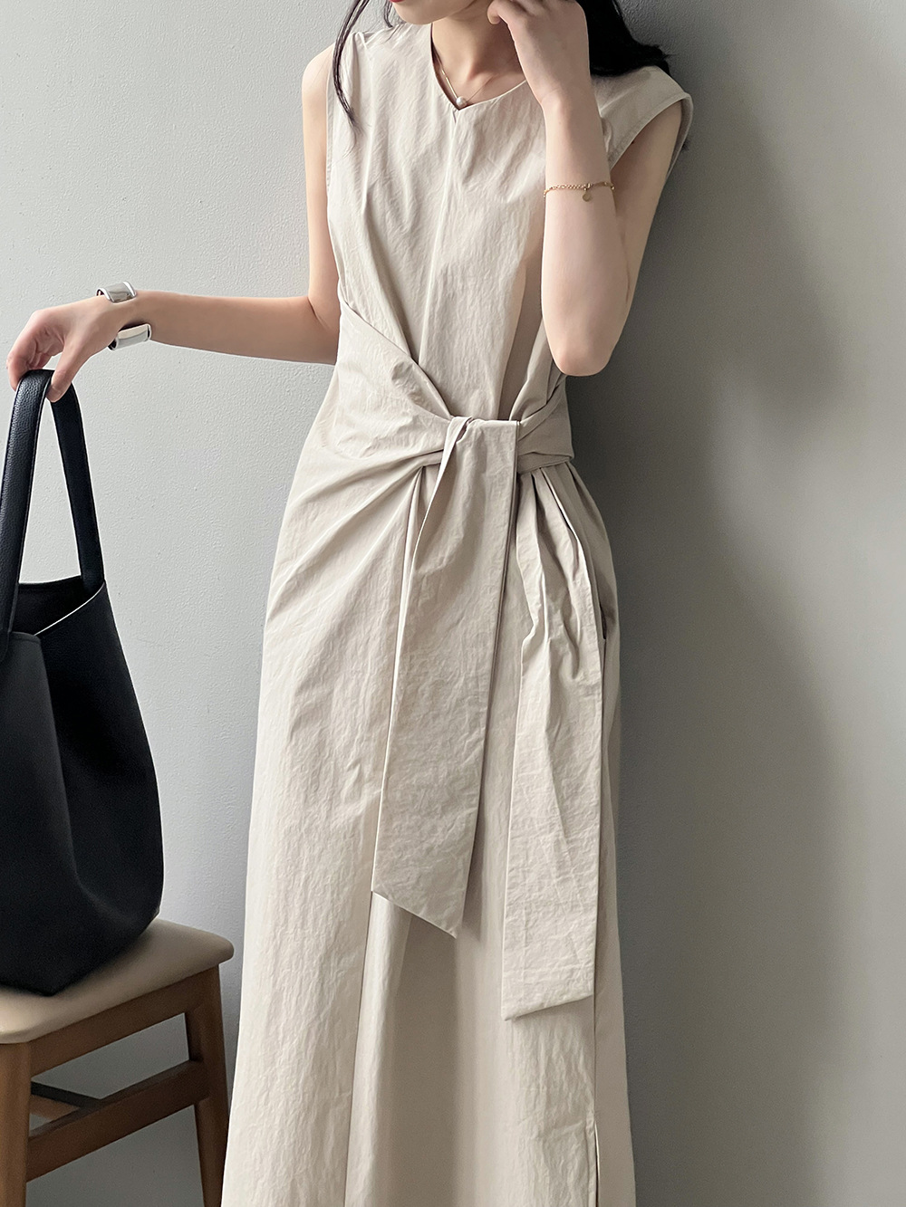 군살뱃살커버 민소매롱원피스 슬리브리스 허리라인타이 코튼 면 롱원피스 여행 모임
