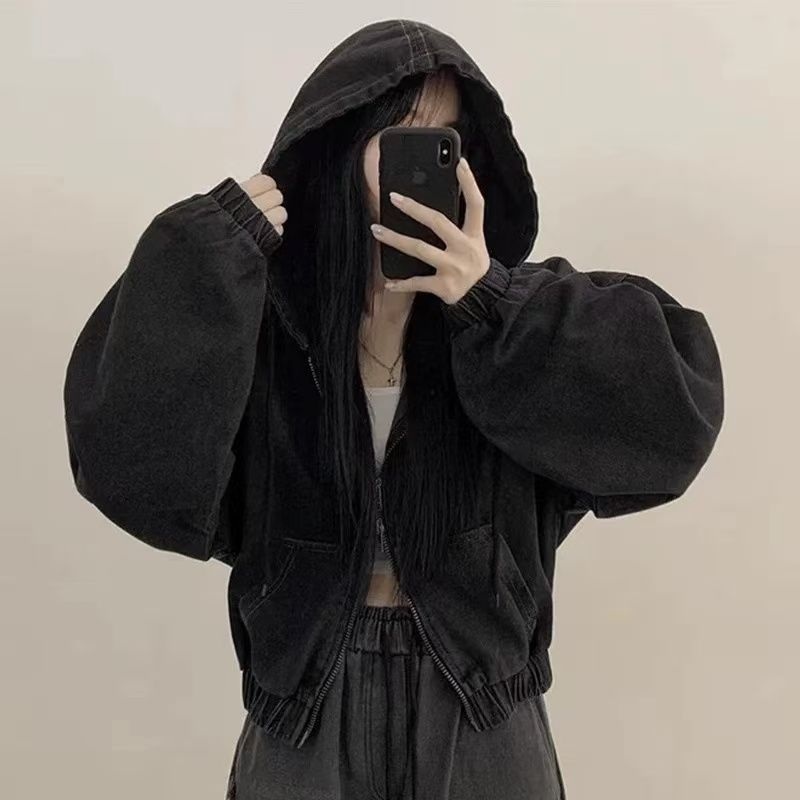 더블 지퍼 루즈핏 캐주얼 후드 숏데님 점퍼 블루 S - 상세 이미지 5