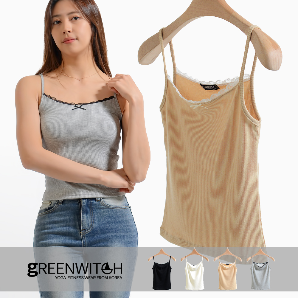 그리니치 쫀쫀텍스처 레이스 Cami 끈나시 골지 민소매 요가복 - 상세 이미지 4