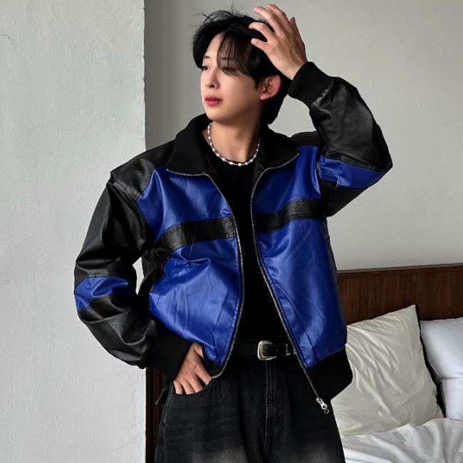 남자 공용 커플 코테 오버핏 봄 가을 간절기 배색 레더 자켓