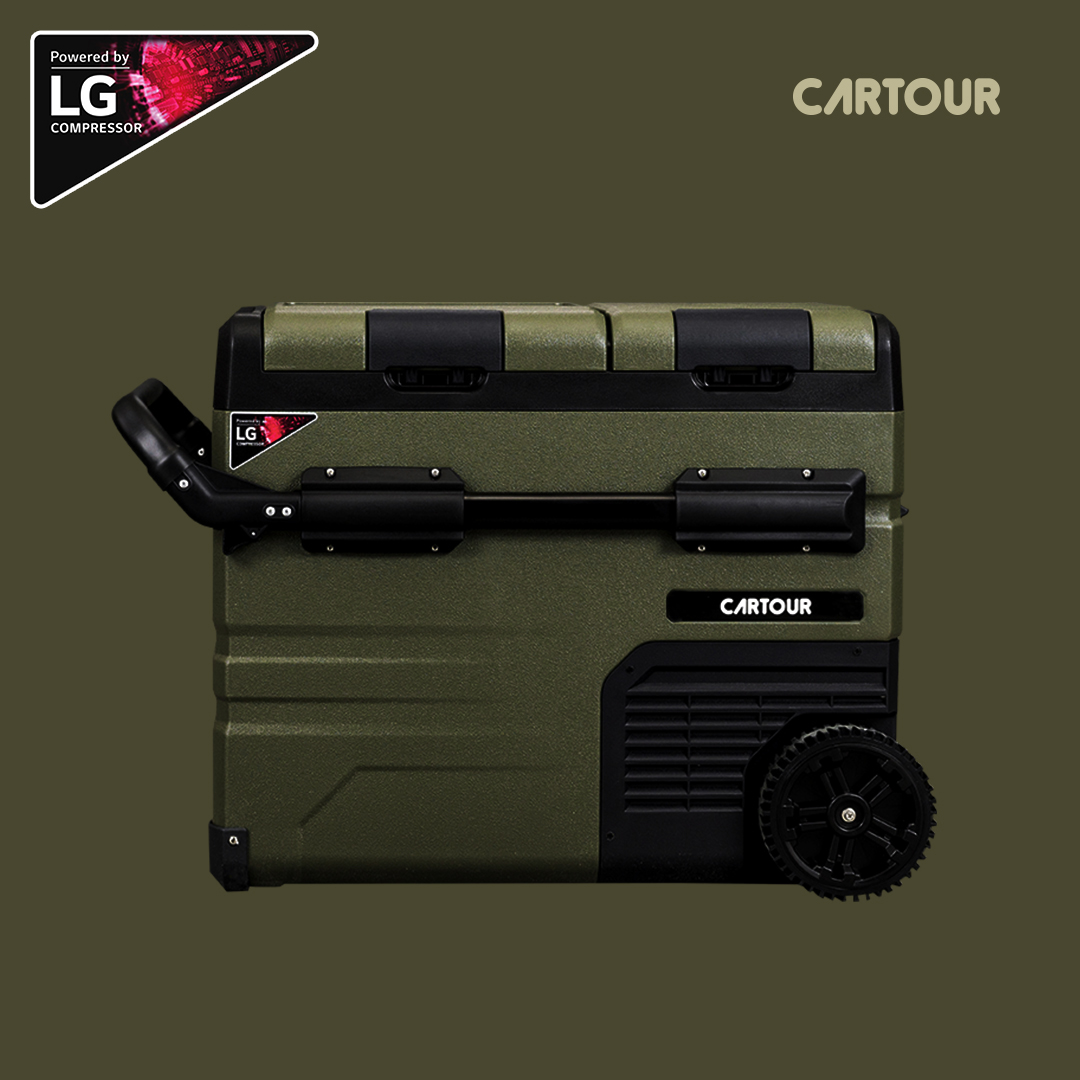 [국내발송] 카투어 COK45 이동식 휴대용 가정용 차량 캠핑 바퀴있는 냉장고 55리터 엘지 콤프 올리브카키 12V 24V 220V