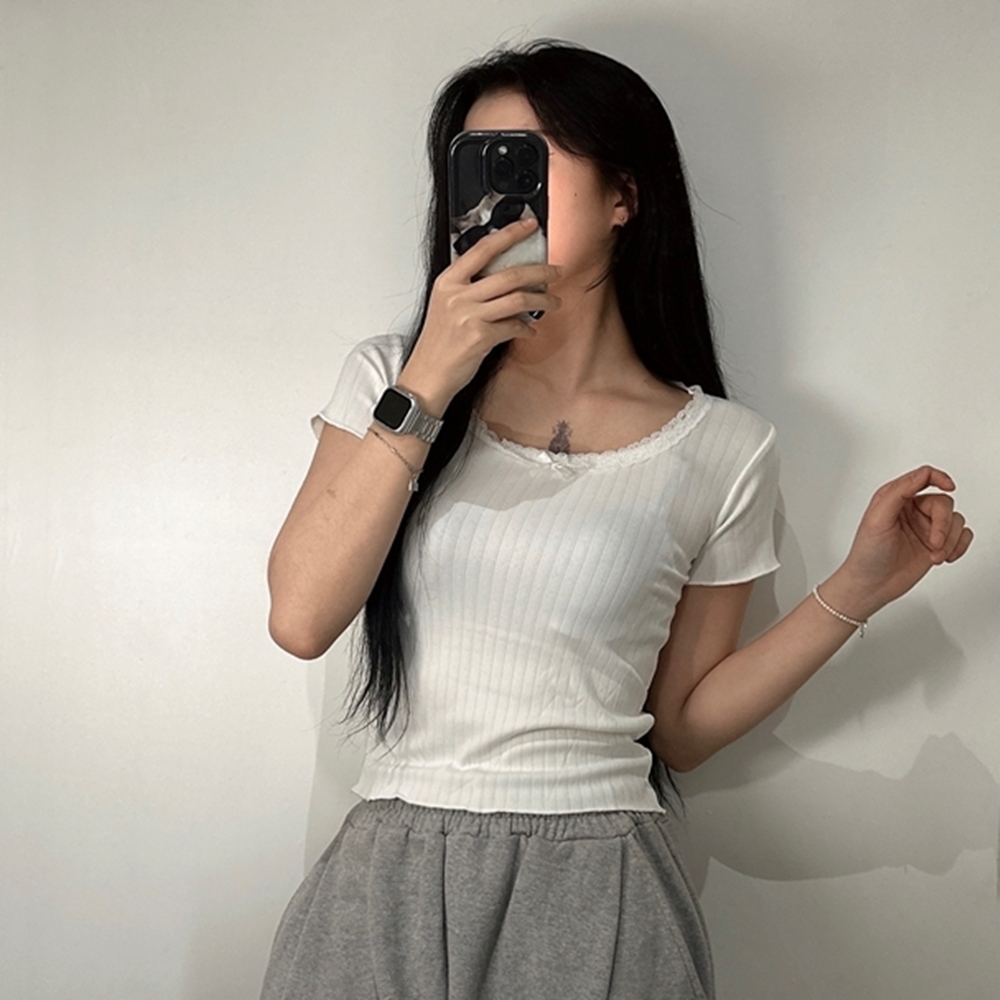 레이스 넥 리본 포인트 골지 티셔츠 반팔 얇은 티 레이스티 U넥 여자 여름 이너 화이트 - 상품 이미지