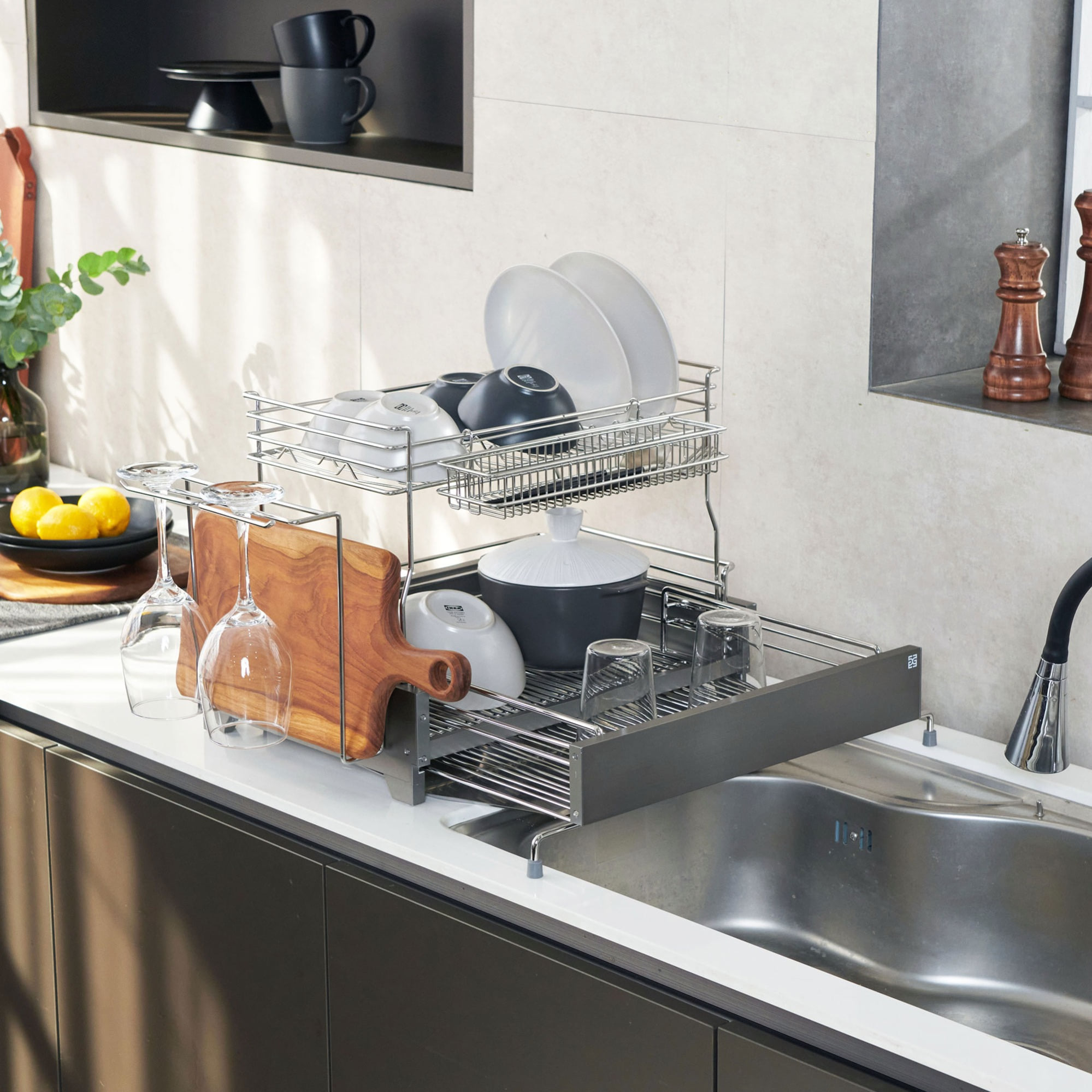 아이넥스 엣지노블 식기건조대 아노다이징 올스텐 304 2단 풀세트 확장형 설거지 그릇 건조대