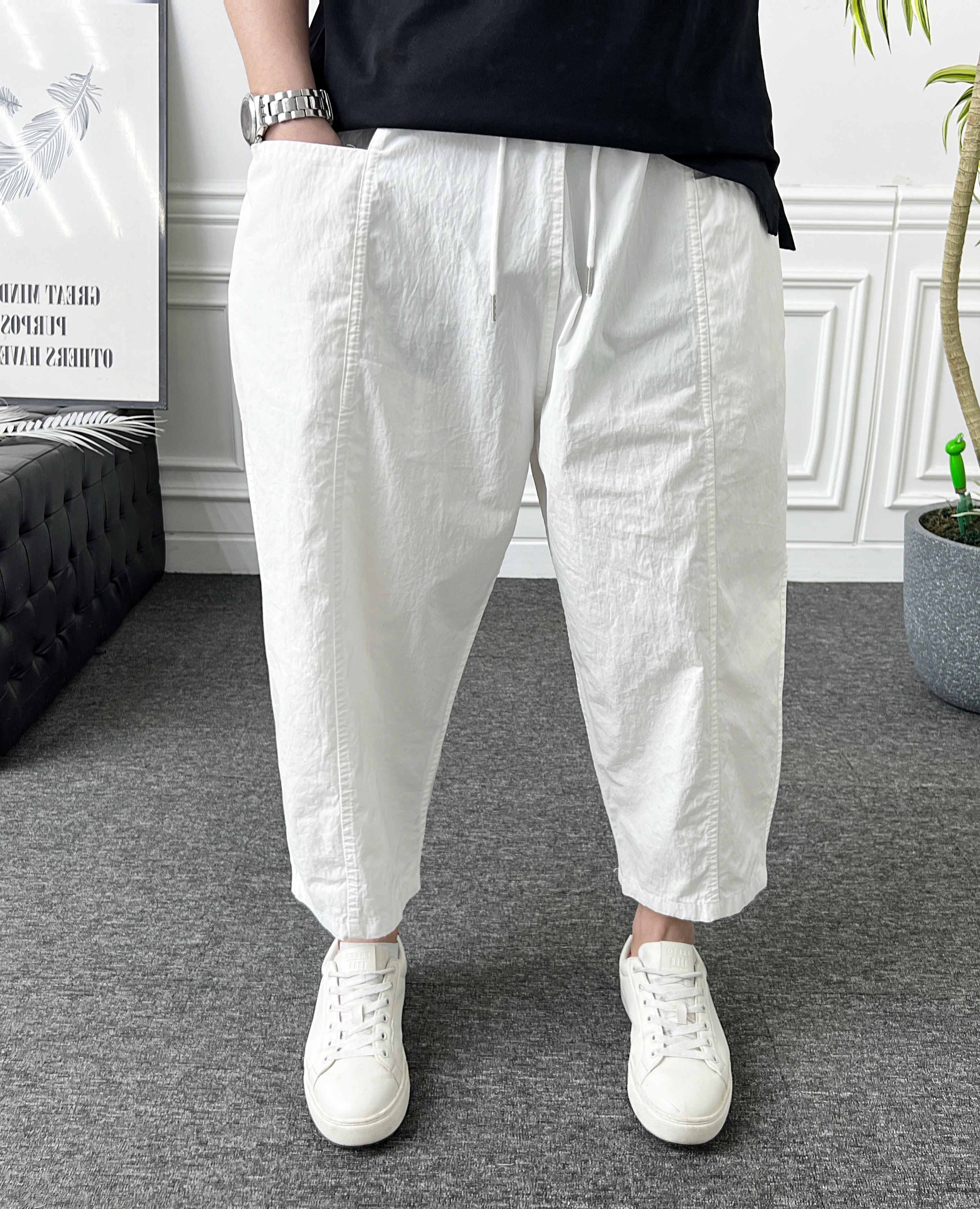 남자 벌룬팬츠 9부 밴딩 앞포켓 절개 바스락 배기바지 - 상세 이미지 2