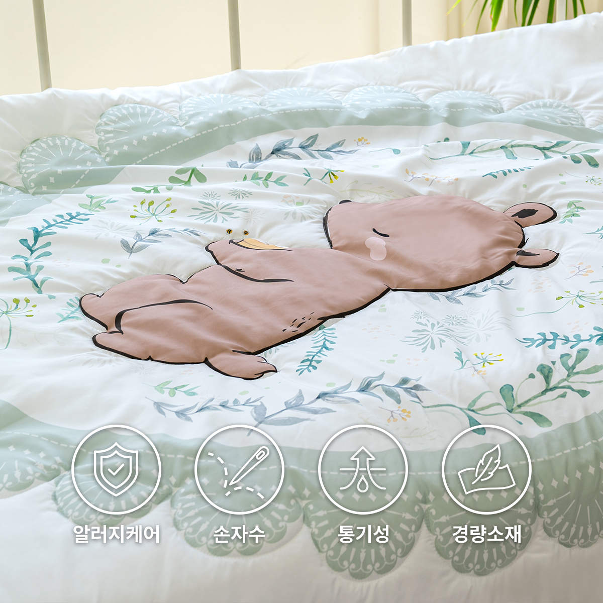 키즈 시어서커 쿨 냉감 에어컨 손자수 차렵 여름이불 베개세트 앤베어 (곰돌이), S.SS(싱글.슈퍼싱글겸용) - 상세 이미지 2