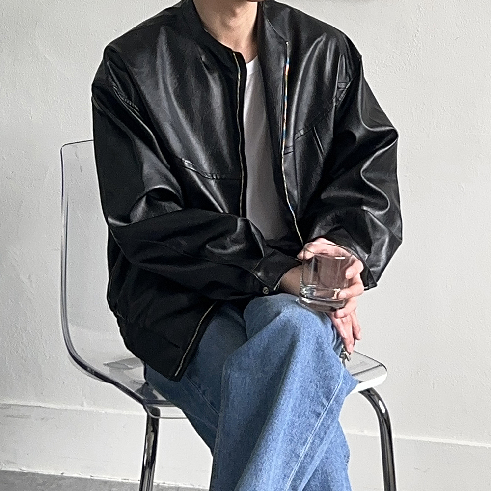 남자봄자켓 오버핏 차이나카라 레더 남자가죽자켓