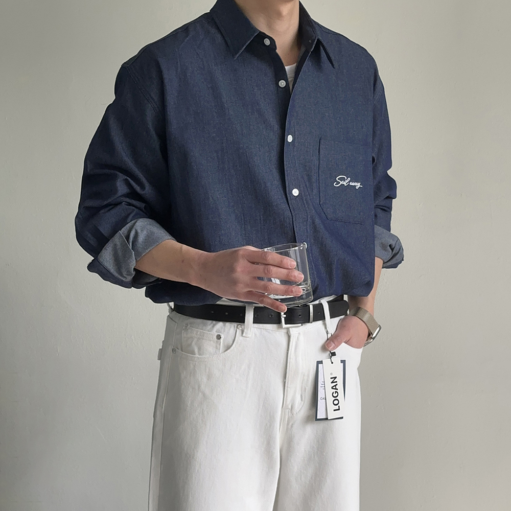 남자청남방 오버핏 자수 데님 와이 셔츠 남자셔츠 - 상품 이미지