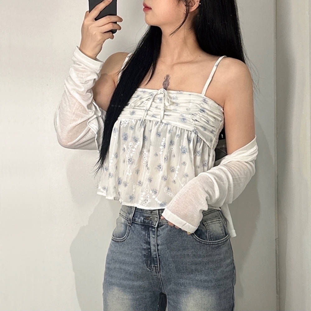 플라워 셔링 나시 가디건 SET 세트 리본 꽃 프릴 블라우스 뷔스티에 봄 여름 슬리브리스 - 상품 이미지