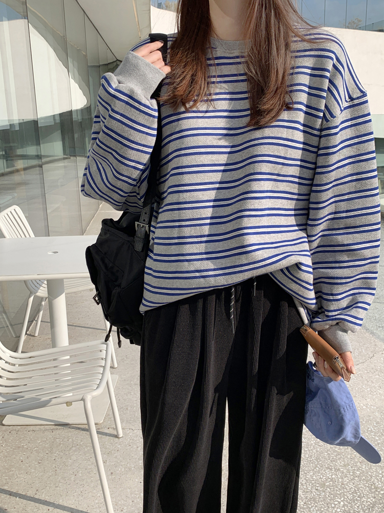 캐주얼 오버핏 멀티 단가라 기모 맨투맨 여성 스트라이프 티셔츠 여자 맨투맨 박스티