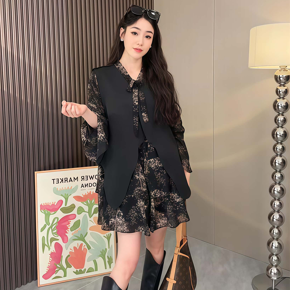 여성봄 블라우스 원피스셍트 스프링 플라워 레이어드 미니원피스 조끼 투피스세트 - 상세 이미지 2
