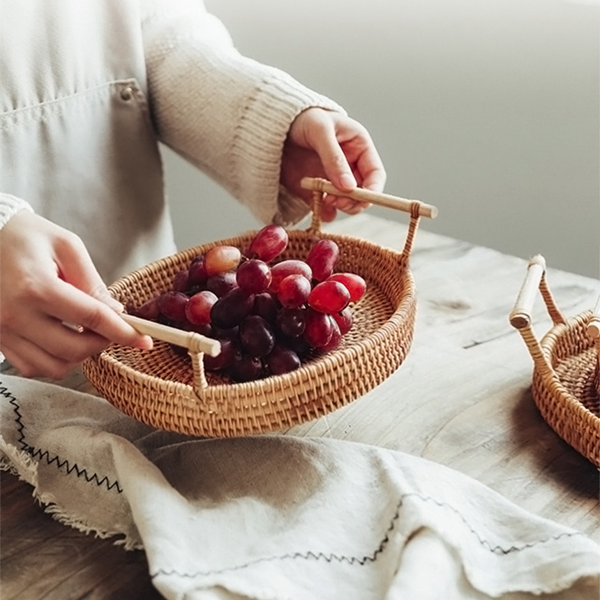 원형라탄바구니 손잡이 빵바구니 간식 라탄트레이
