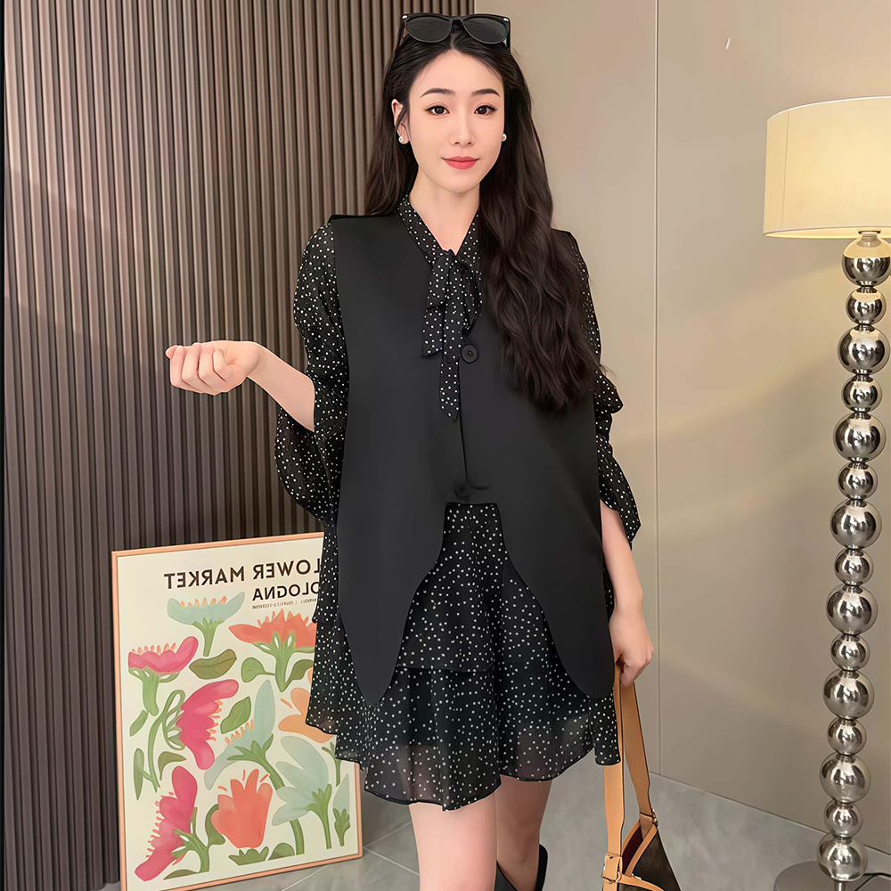 여성봄 블라우스 원피스셍트 스프링 플라워 레이어드 미니원피스 조끼 투피스세트 - 메인 이미지