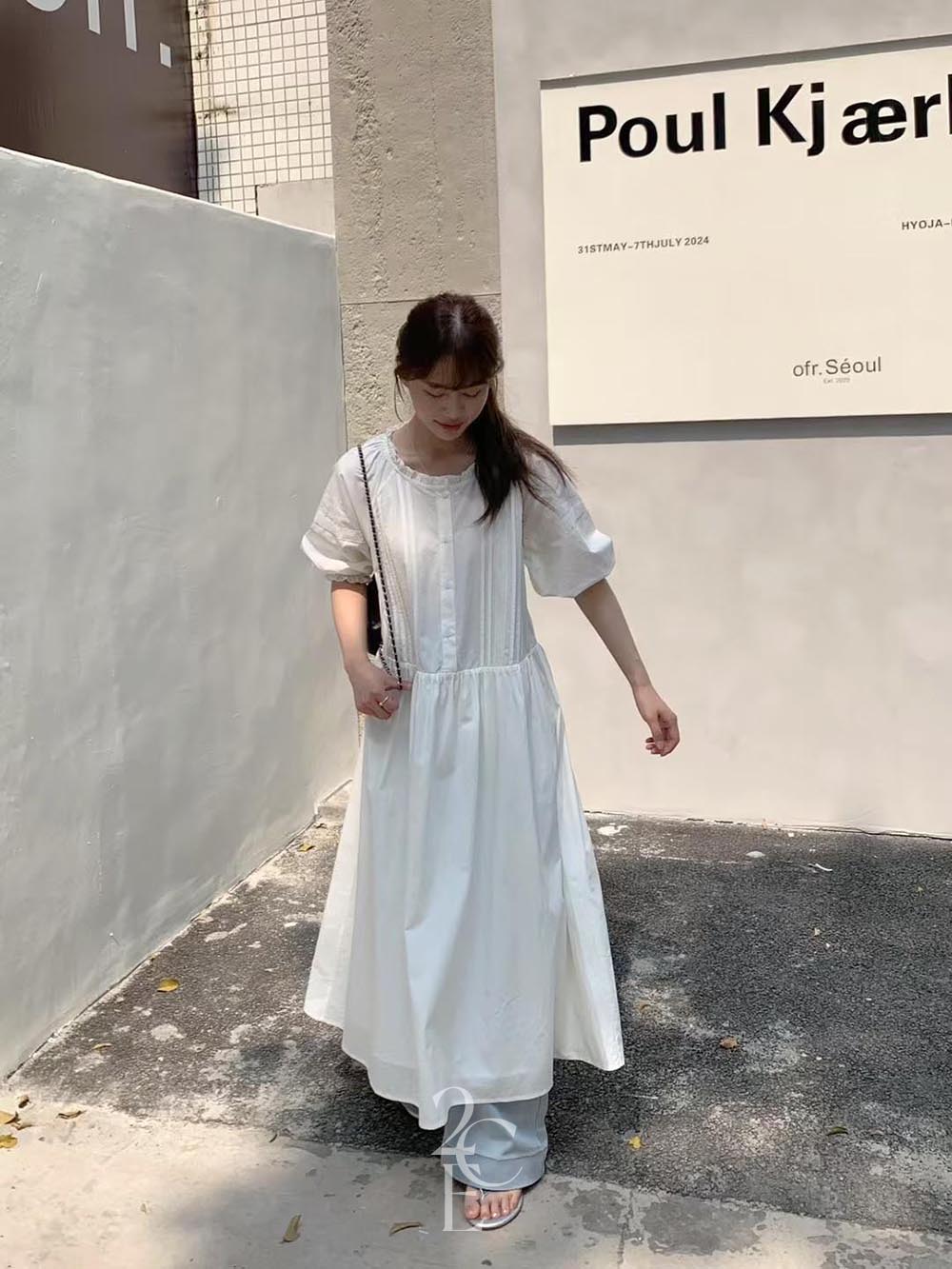 레이비 핀턱 플레어 롱원피스 (1color) 봄 레이어드 반팔 화이트 퍼프 휴양지 바캉스 이미지 6