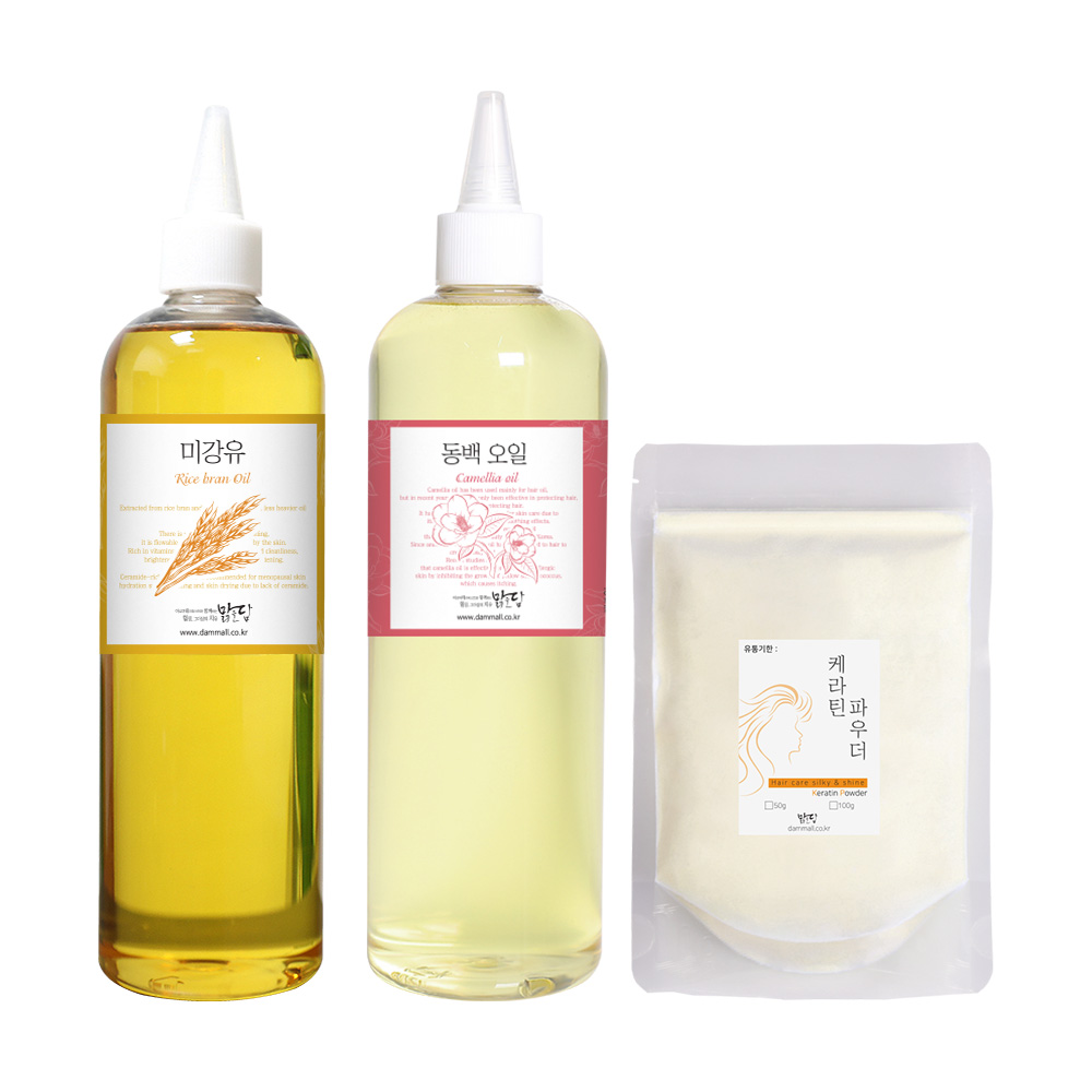 맑을담 모발 두피 케어 패키지 (미강유 500ml+동백 캐리어 오일 500ml+케라틴 파우더 100g) - 상품 이미지