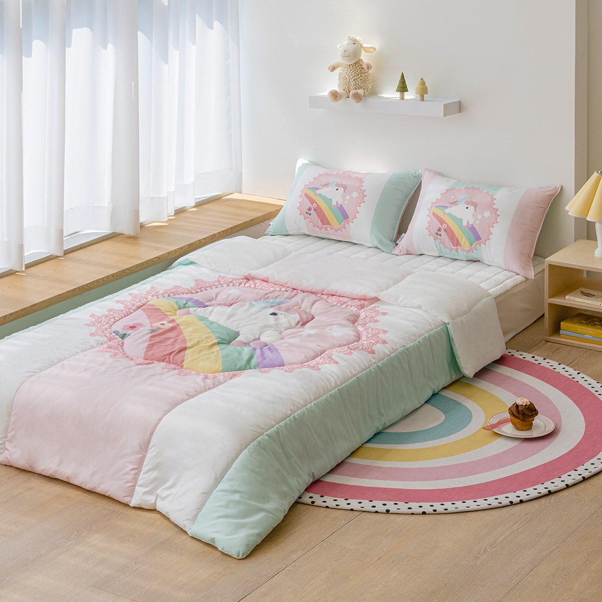 키즈 시어서커 쿨 냉감 에어컨 손자수 차렵 여름이불 베개세트 엘리봉봉 (유니콘), S.SS(싱글.슈퍼싱글겸용)