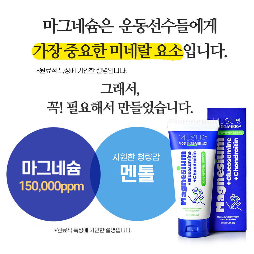 무수랩 마그네슘 쿨링 바디로션 120ml 스포츠 마사지 크림 고보습 붓기완화 피부 혈행개선 이미지 3