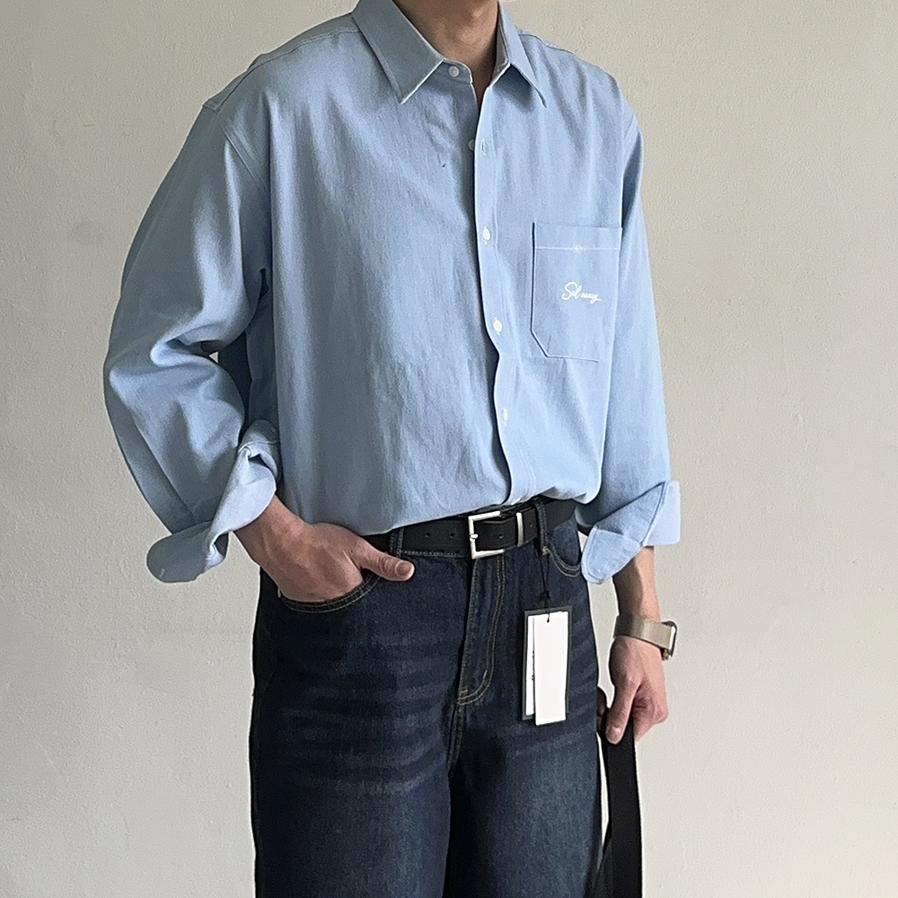남자청남방 오버핏 자수 데님 와이 셔츠 남자셔츠 - 상세 이미지 3