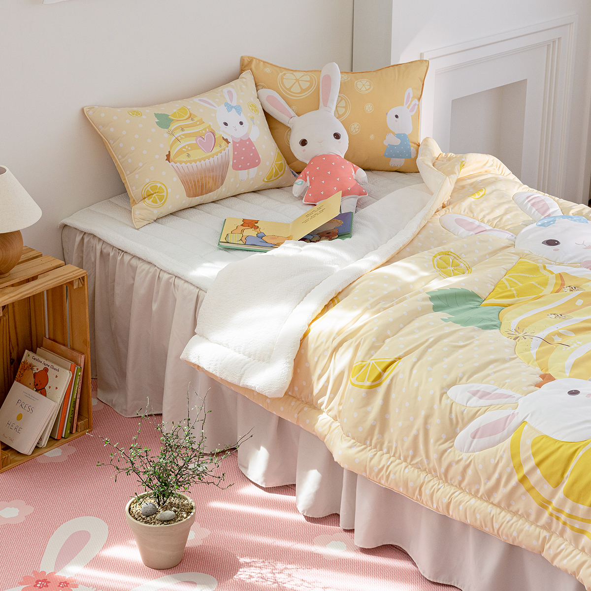 키즈 시어서커 쿨 냉감 에어컨 손자수 차렵 여름이불 베개세트 에이미레몬 (토끼), S.SS(싱글.슈퍼싱글겸용)