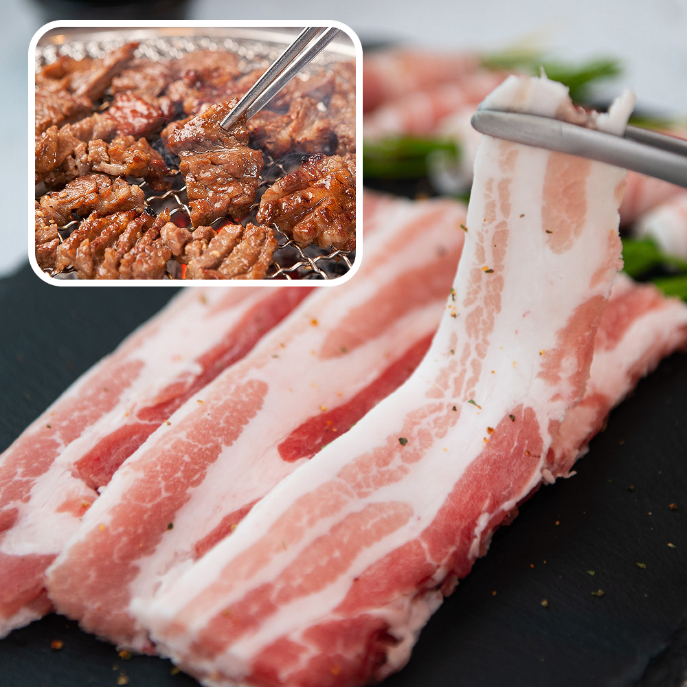 냉동 대패삼겹살 600g + 한돈 뼈없는 양념갈비 돼지갈비 300g