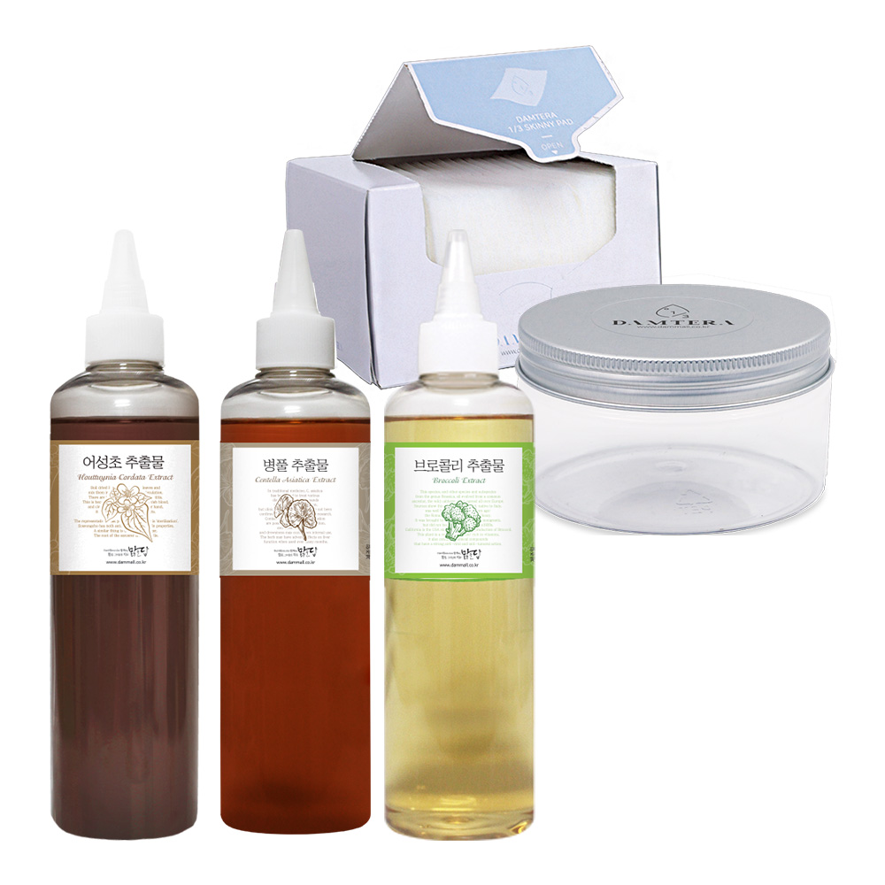 맑을담 미세먼지 진정 패키지 (브로콜리 추출물 원액 300ml+병풀 추출물 원액 300ml+어성초 추출물 원액 300ml+화장솜+팩용기) - 상품 이미지