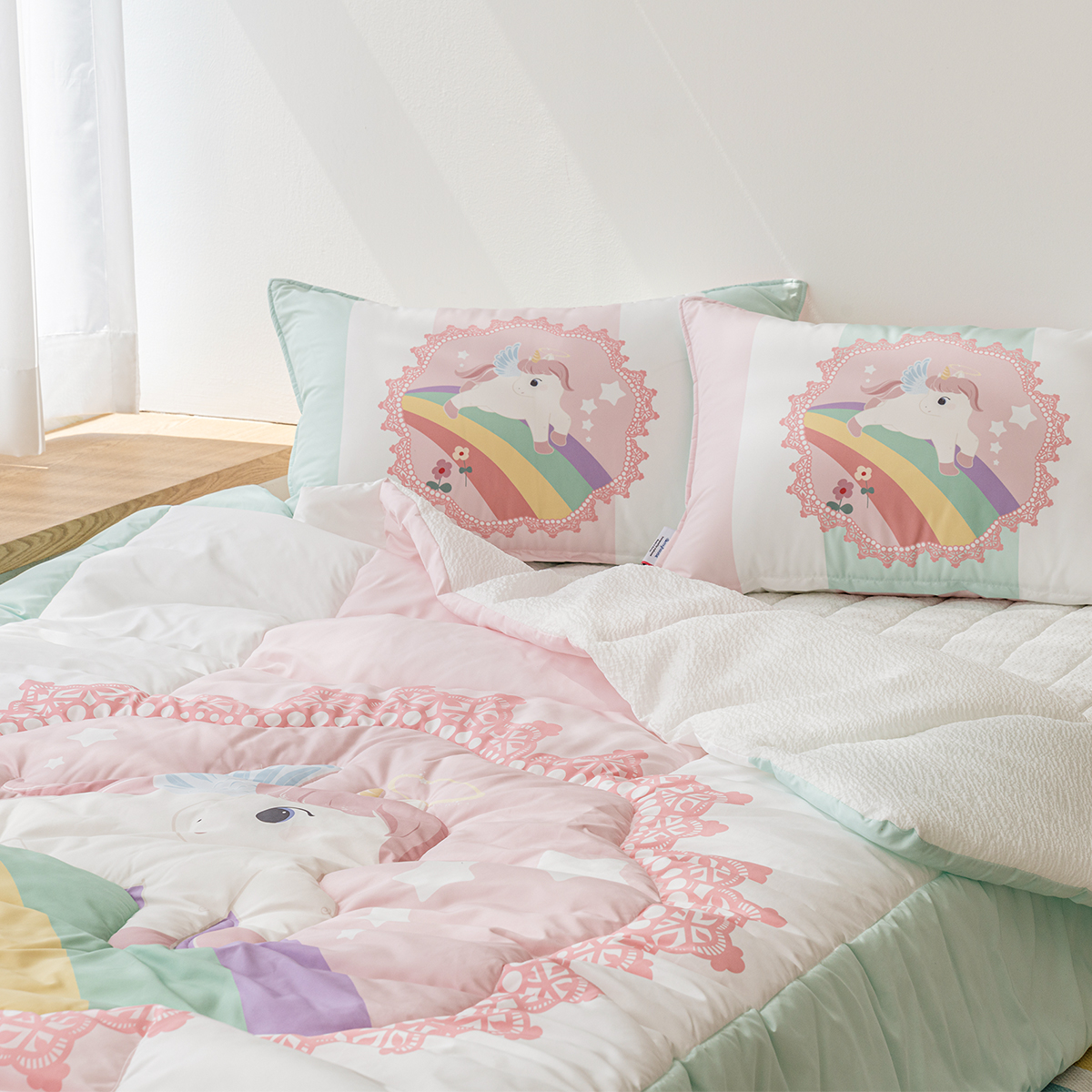 키즈 시어서커 쿨 냉감 에어컨 손자수 차렵 여름이불 베개세트 엘리봉봉 (유니콘), S.SS(싱글.슈퍼싱글겸용)