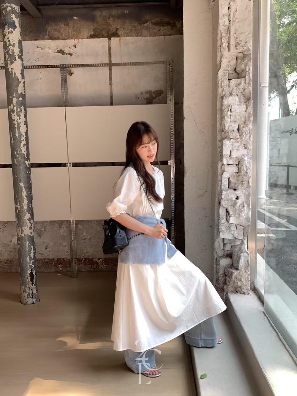레이비 핀턱 플레어 롱원피스 (1color) 봄 레이어드 반팔 화이트 퍼프 휴양지 바캉스 - 상세 이미지 3