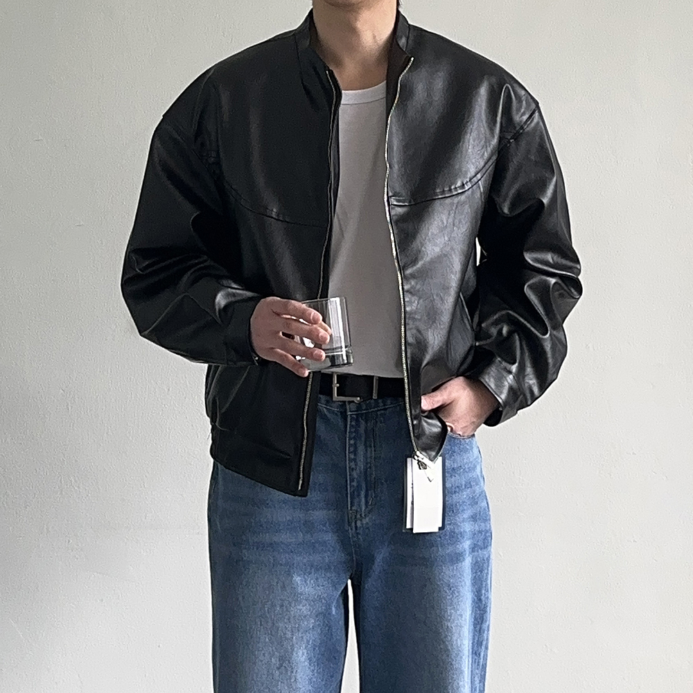 남자봄자켓 오버핏 차이나카라 레더 남자가죽자켓 - 상세 이미지 2