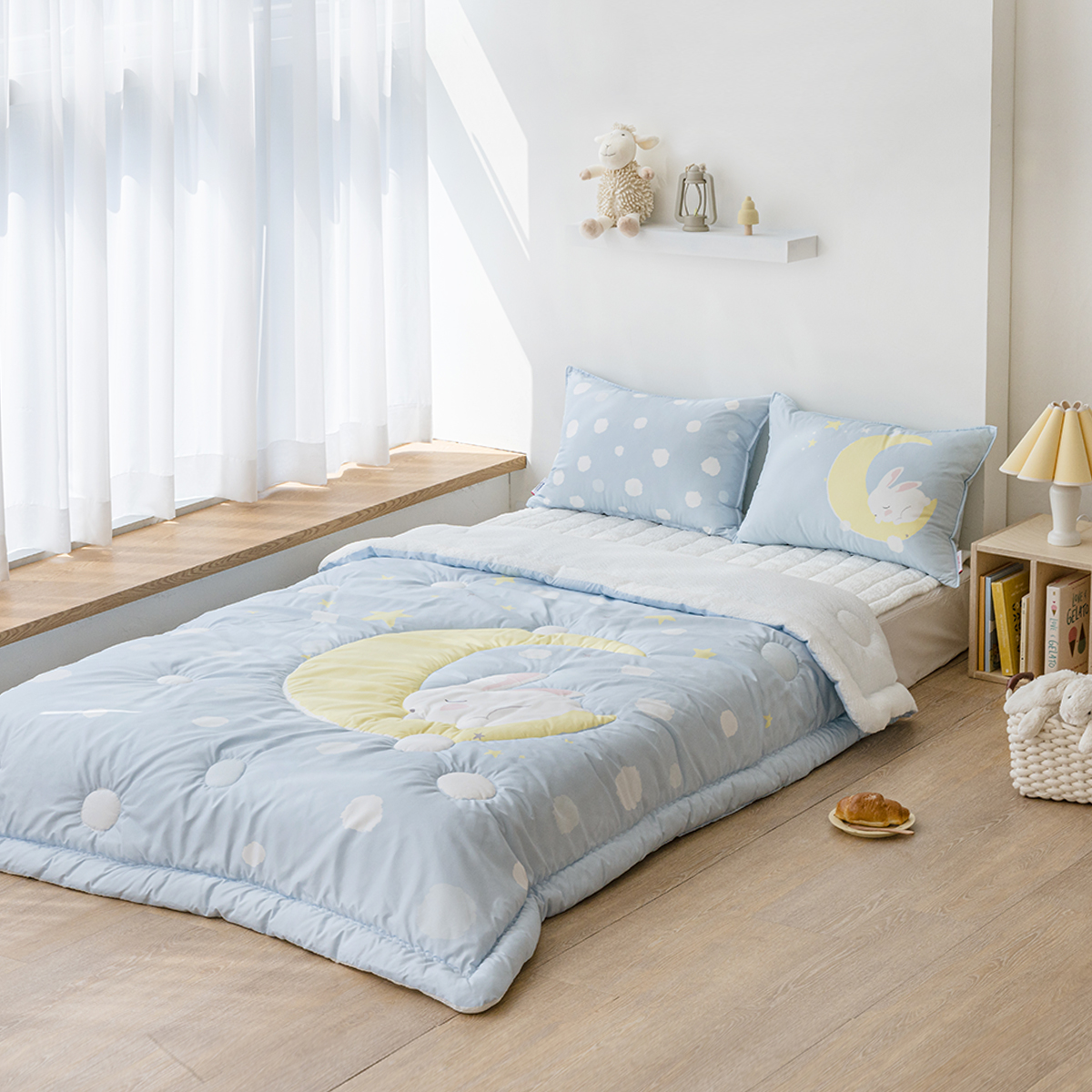 키즈 시어서커 쿨 냉감 에어컨 손자수 차렵 여름이불 베개세트 문라이트 (토끼), S.SS(싱글.슈퍼싱글겸용)