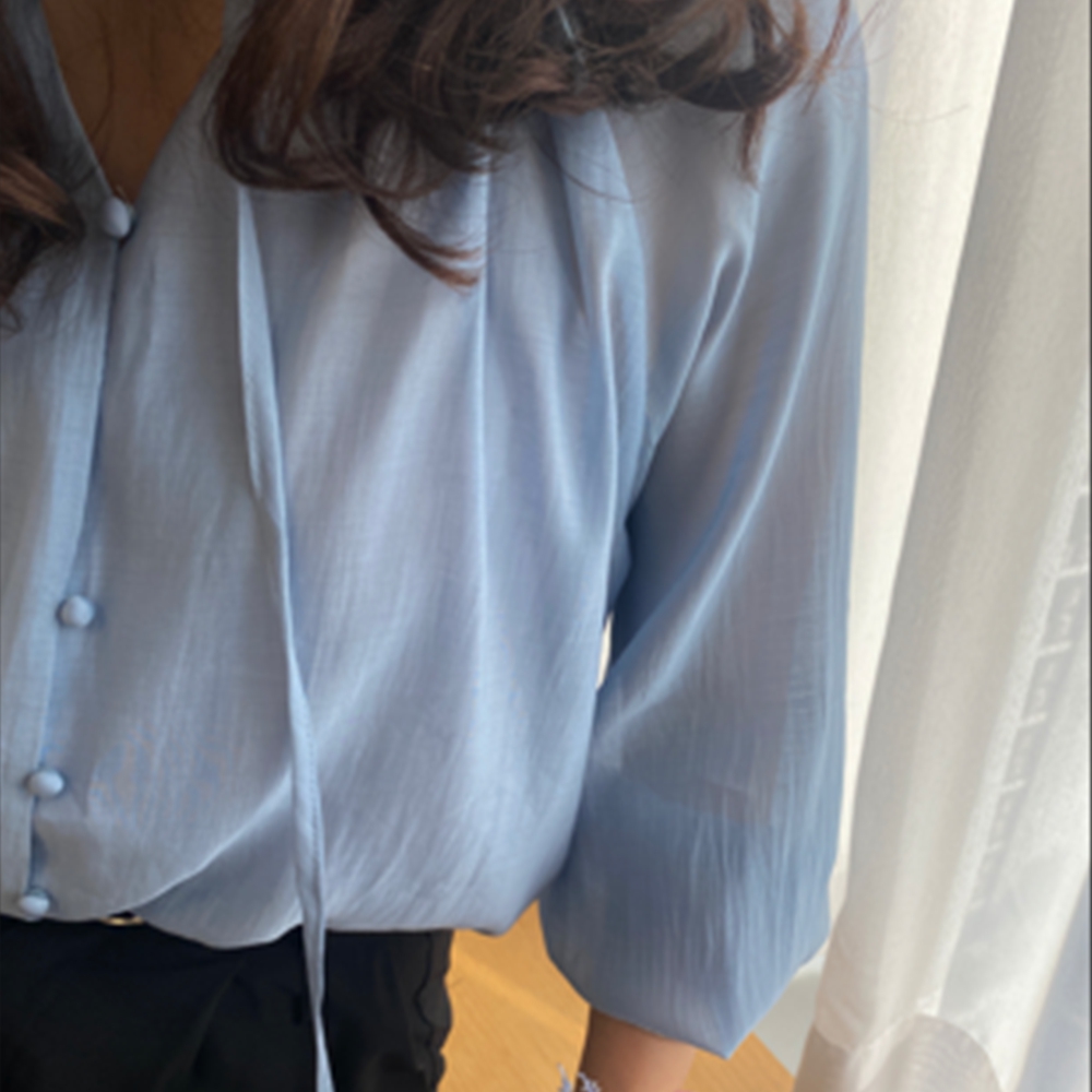 결혼식흰블라우스 벌룬 시스루 소라색 레이어드 간절기 블라우스 이미지 7