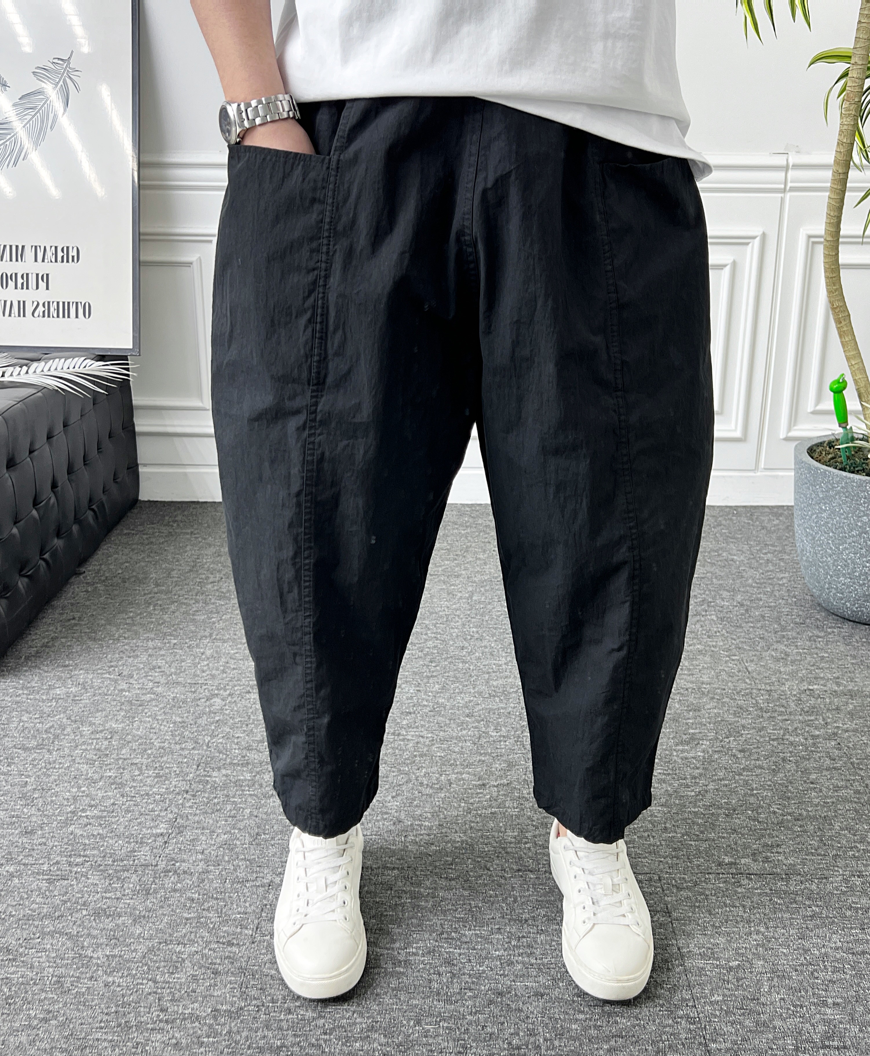 남자 벌룬팬츠 9부 밴딩 앞포켓 절개 바스락 배기바지 - 상세 이미지 5