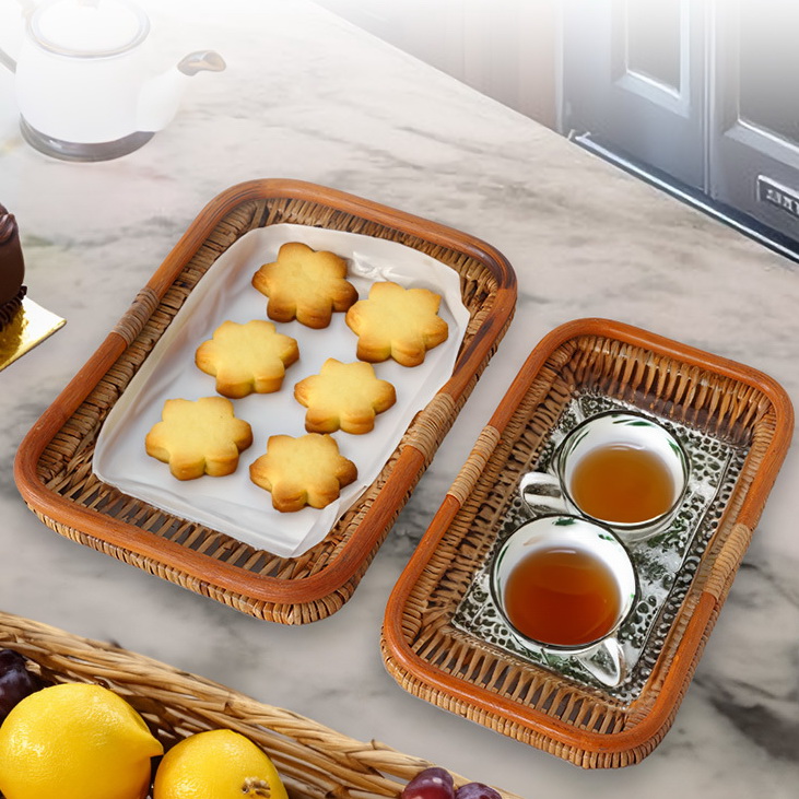 사각 라탄바구니 2P세트 라탄트레이 빵바구니 간식 과일바스켓