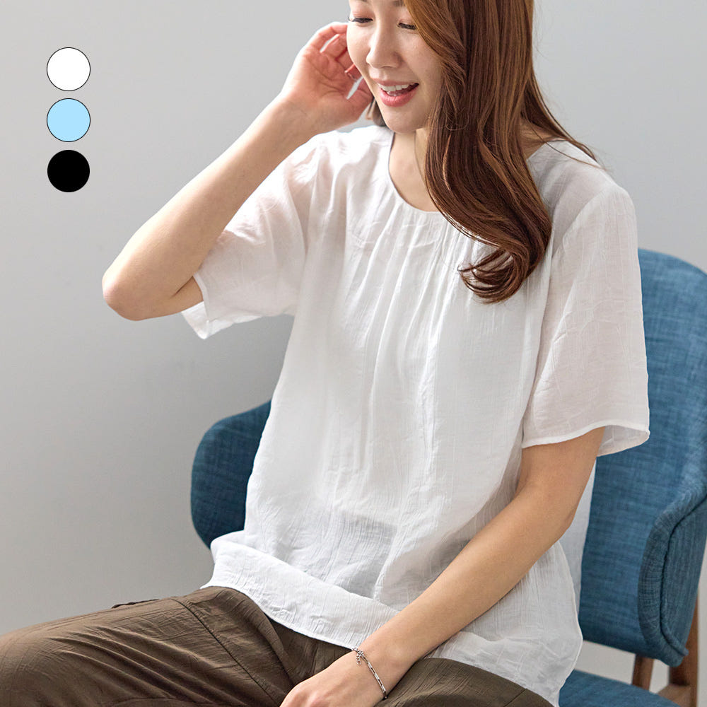 여성 여름 인견 잔주름 링클 반팔 블라우스 가벼운 착용감 루즈핏 체형커버 - 메인 이미지
