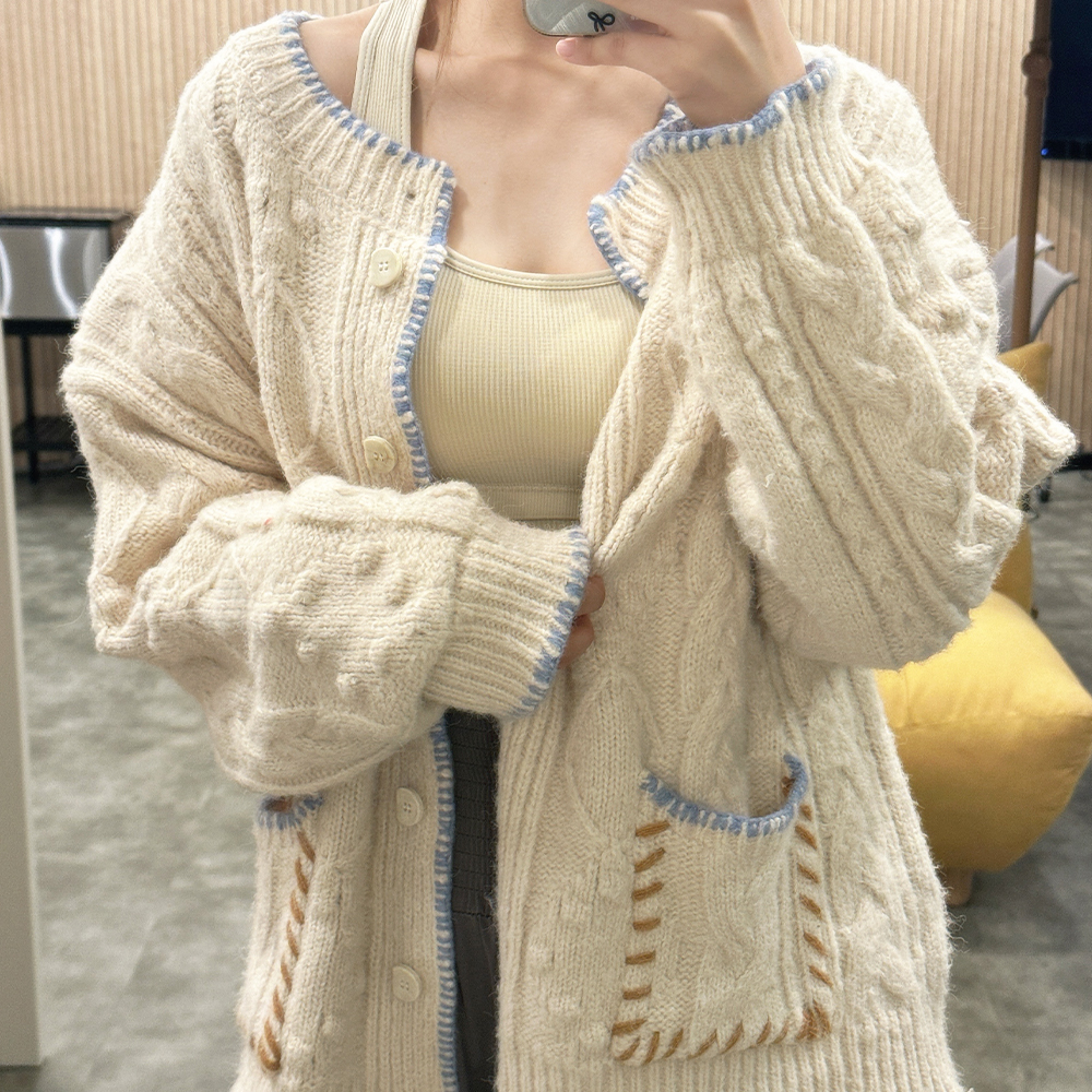 울 스티치 니트 오버핏 가디건 요가 필라테스 커버업 - 상품 이미지