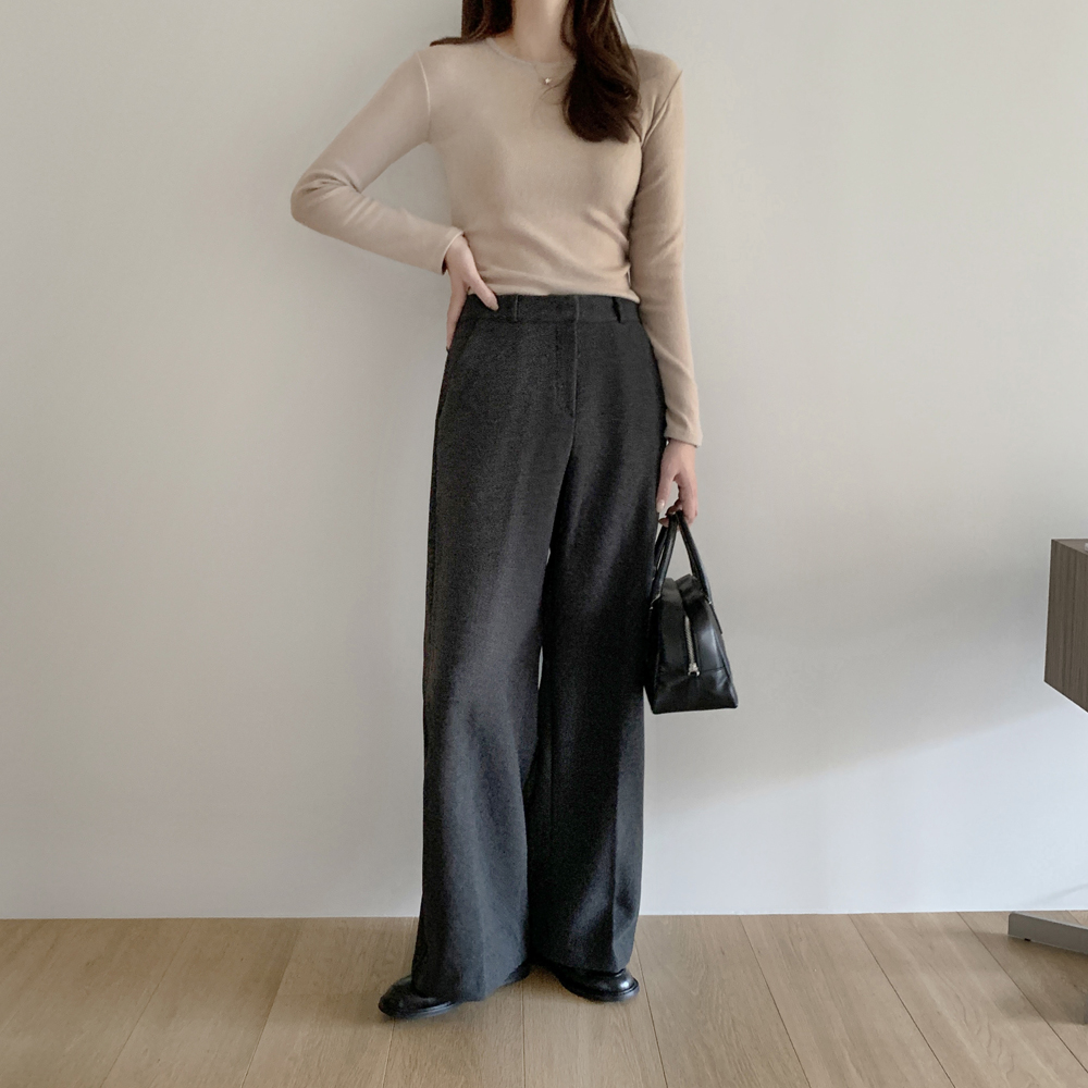 트렌디 하이웨스트 울 세미 와이드팬츠 여자 슬랙스 겨울팬츠 와이드슬랙스 베이지 차콜 그레이 - 상세 이미지 2