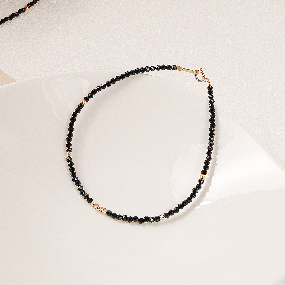14K 2mm 금 볼 천연 블랙 스피넬 원석 팔찌 - 상세 이미지 4