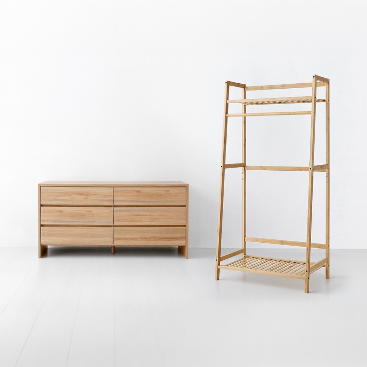 JAWAL 2단 선반행거 대나무 70140 사다리형 +숄리드 서랍장 6칸 12060 CHM60120 캄포어베니어