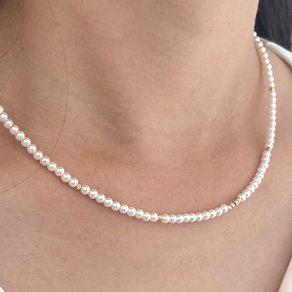 14K 2mm 금 볼 크리스탈 진주 목걸이 - 상세 이미지 3