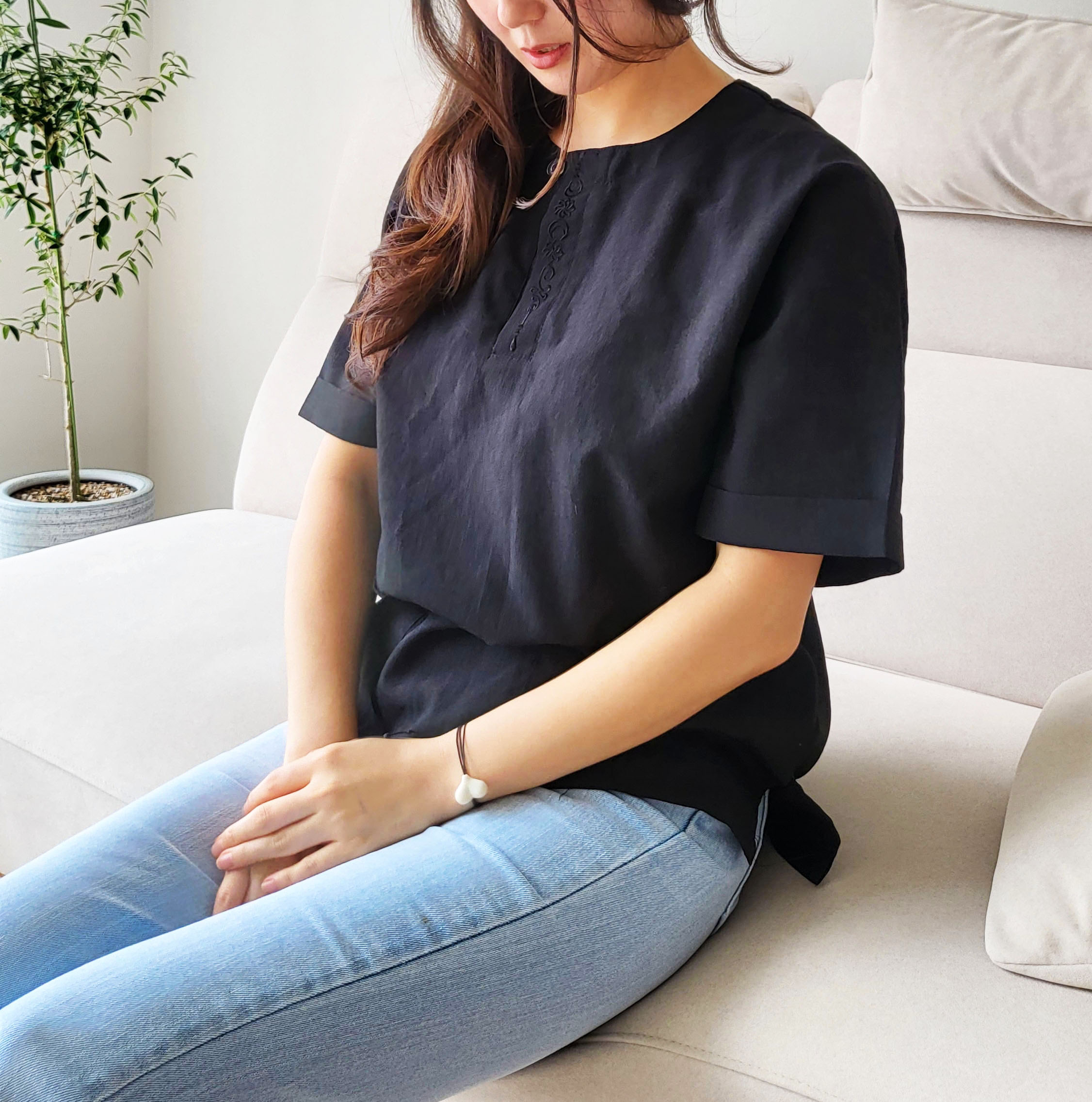 여름 생활한복 티셔츠 라운드넥 초승달자수 반팔 남녀공용 폴리마 - 상세 이미지 3
